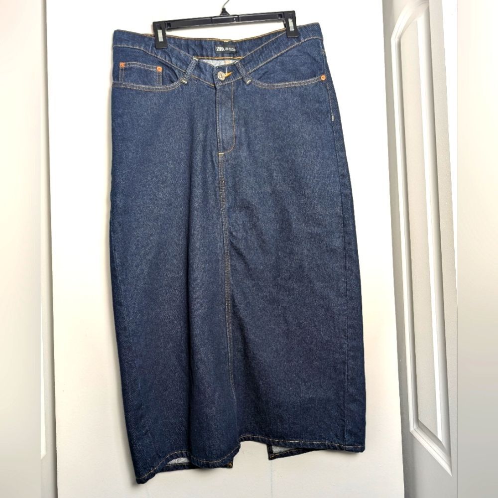 Zara Dark Blue Denim Midi Skirt